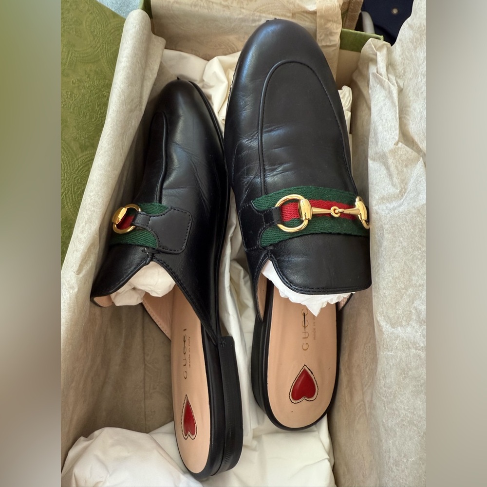Gucci Black Leather Horsebit Mules with Green and Red Web - Picture 3 of 4